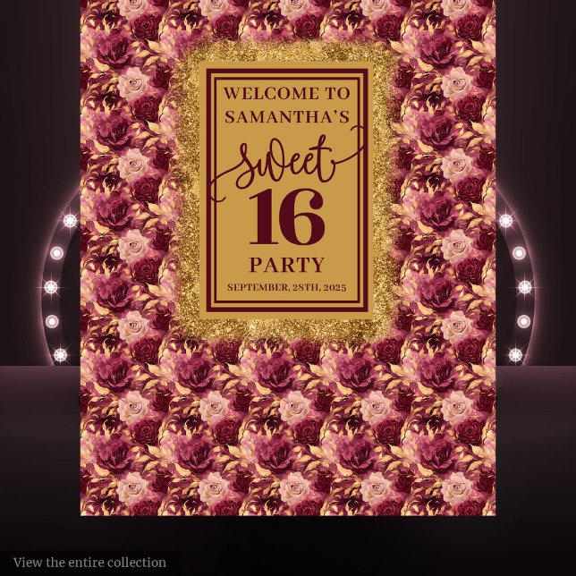 Tenture Bannière Or Broussaillée Broussailleuse Sweet sixt (Gorgeous Sweet Sixteen Blush Burgundy Gold Banner Tapestry)