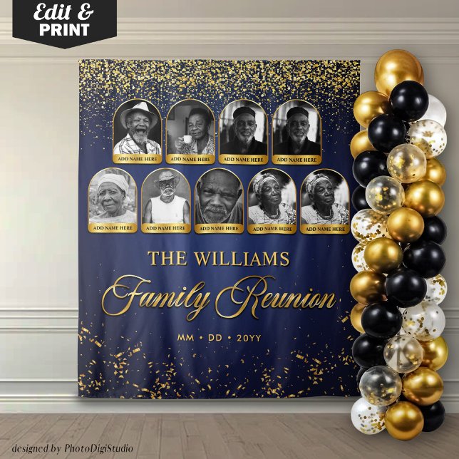 Tenture Bannière personnalisée pour réunion de famille, 9  (Custom Family Reunion Banner, 9 Photo Blue Gold Tapestry)