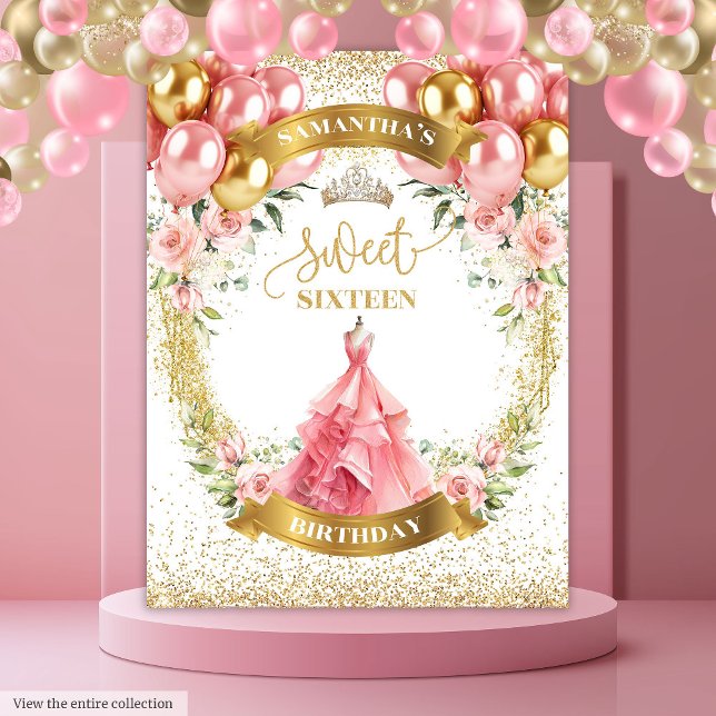 Tenture Bannière pour un Sweet Sixteen Romantique Ballons  (Romantic Sweet Sixteen Banner Blush Balloons Glow)