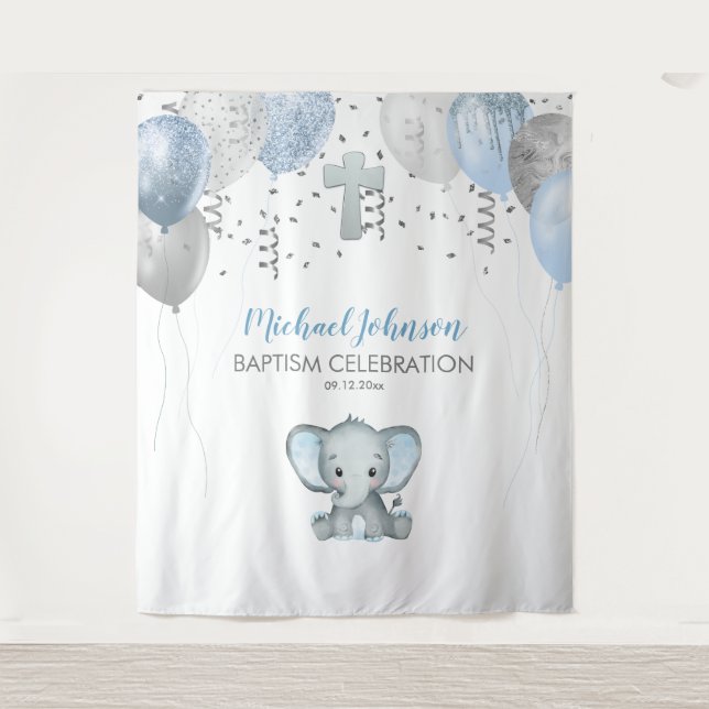 Tenture Baptême à l'aquarelle de ballons éléphant (Devant)