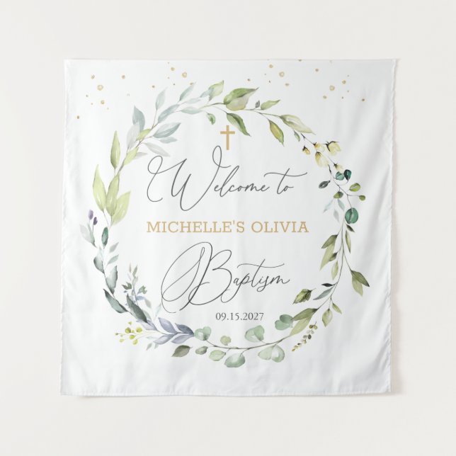 Tenture Baptême Bébé Héraldique Eucalyptus  (Devant)