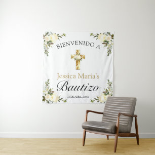 Tenture Baptême de bébé espagnol Fleurs Croix d'or Bienven