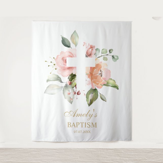 Tenture Baptême Girl Backdrop - Blush Pink Flowers Cross (Devant)