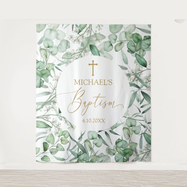 Tenture Baptism Eucalyptus greenery backdrop banner (Devant)
