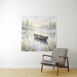 Tenture Bateau à rames aquarelle serein sur un lac brumeux