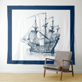 Tenture Bateau à voile vintage bleu marine et blanc