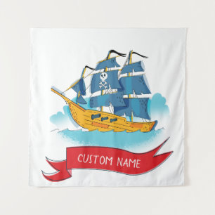 Tenture Bateau de pirate de dessin animé mignon Texte pers