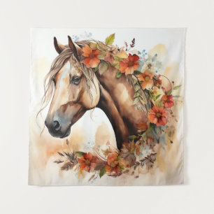 Tenture Beau Cheval aux jolies fleurs Aquarelle