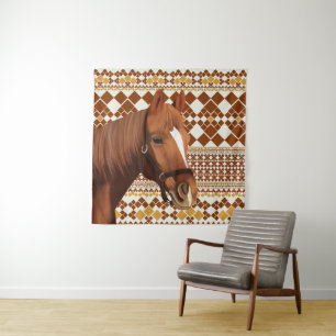 Tenture Beau cheval Brown sur Motif géométrique Earthy