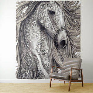 Tenture Beau Cheval Gris Argent Orné avec/ Flower Mane