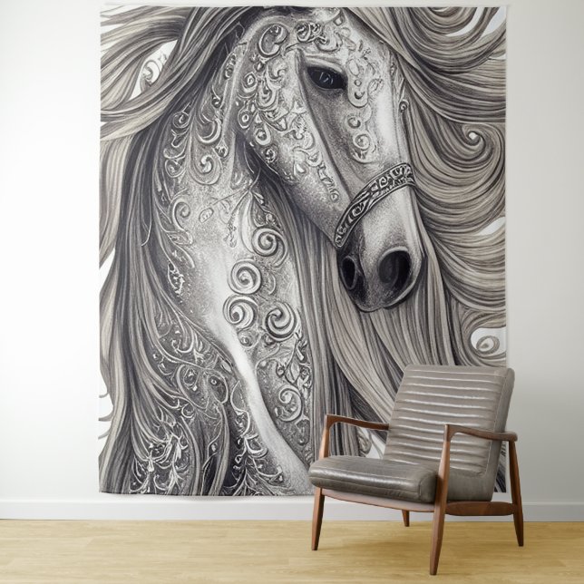 Tenture Beau Cheval Gris Argent Orné avec/ Flower Mane (En situation)