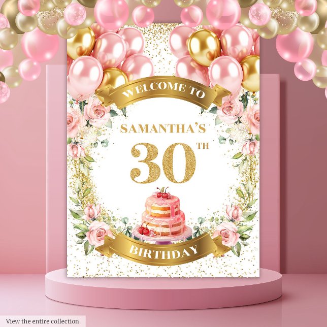 Tenture Beau gâteau d'aquarelle d'or bleu 30e anniversaire (Lovely 30th Birthday Blush Gold Watercolor Cake Tapestry)