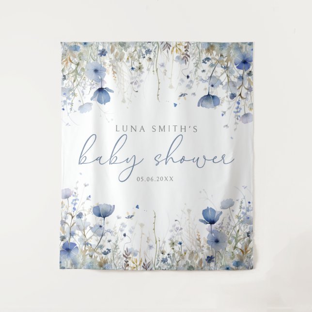 Tenture Bébé bleu en fleur Baby shower Fleur sauvage fond (Devant)