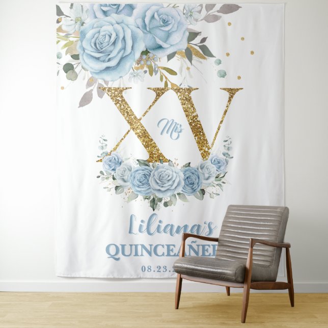 Tenture Bébé Bleu Floral XV QUINCEAÑERA Quince 15 fond (En situation)
