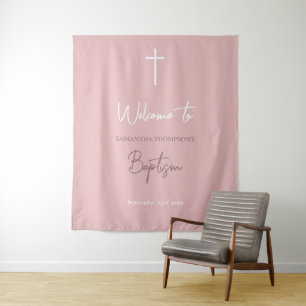 Tenture Bébé rose Calligraphie Baptême Affiche de bienvenu