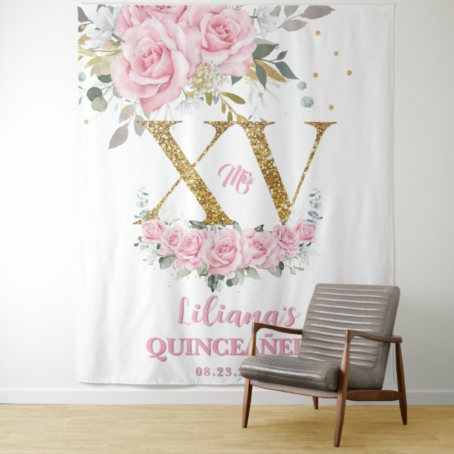 Tenture Bébé rose Floral XV QUINCEAÑERA Quince 15 fond (En situation)