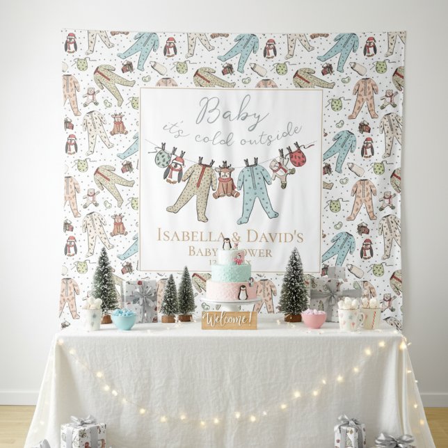 Tenture Bébé son Baby shower froid à l'extérieur de l'hive (White Baby It's Cold Outside Winter Baby Shower Backdrop Cute Pajamas,Teddy Bears,Penguins, Reindeer)