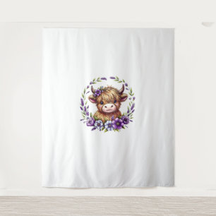 Tenture Bébé Vache Highland Avec Fleurs Violettes Ecosse F