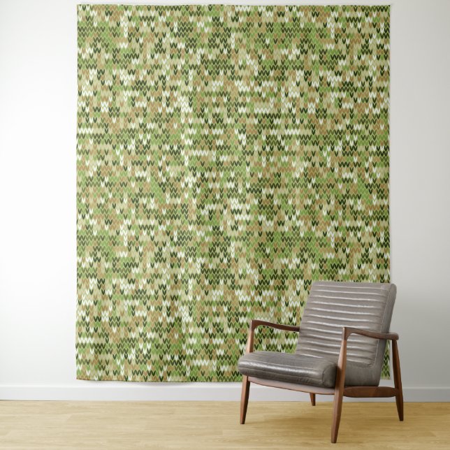 Tenture Belle motif en tricot de mamie vert olive (En situation)