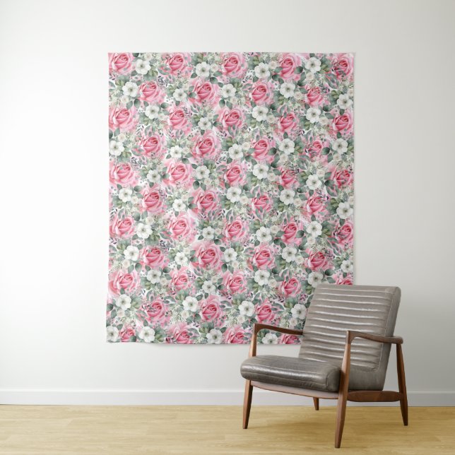 Tenture Belle Rose Rose Bleu Eucalyptus fond (En situation)