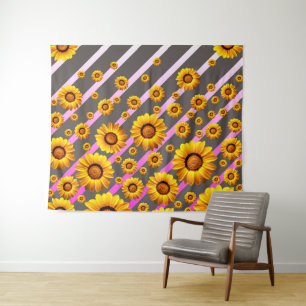 Tenture Belles fleurs jaunes sur gris, rayures roses