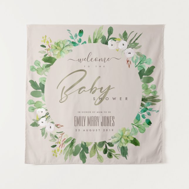 Tenture BIENvenue À LA BABY SHOWER À L'AQUARELLE FEUILLAGE (Devant)