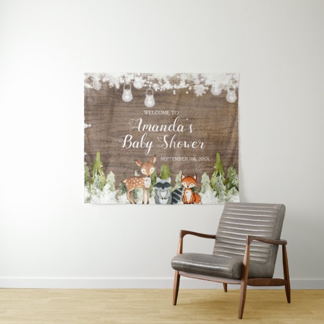 Tenture Bienvenue à la Baby Shower Animaux d'Hiver Bois Fl (En situation (horizontale))