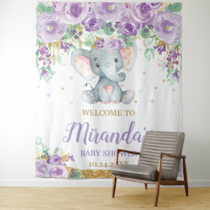 Tenture Bienvenue à la Baby Shower Éléphant Mignon Fleurs