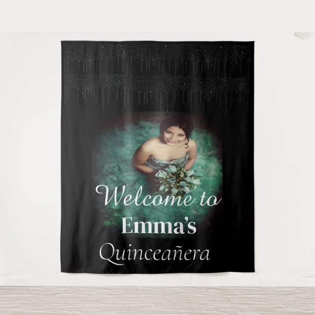 Tenture Bienvenue à la Photo de Quinceañera Noire Fête d'a (Devant)