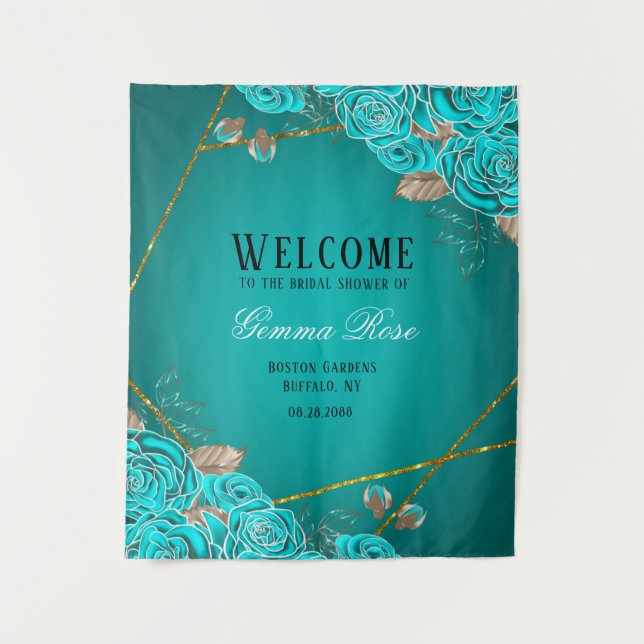 Tenture Bienvenue à la réception de mariage floral turquoi (Devant)