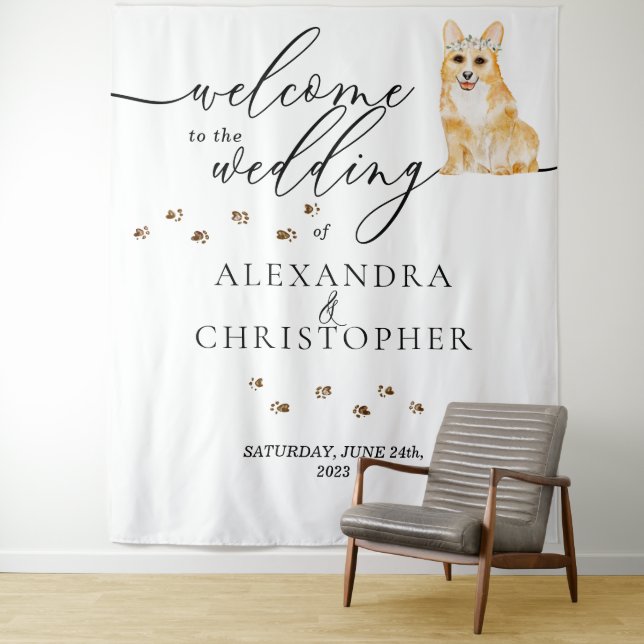 Tenture Bienvenue au Chien Corgi mariage (En situation)