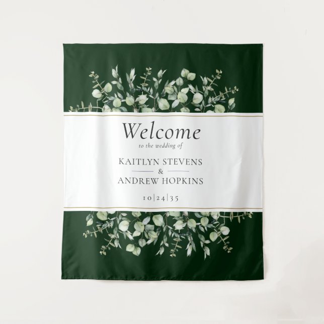 Tenture Bienvenue au mariage au eucalyptus vert foncé  (Devant)