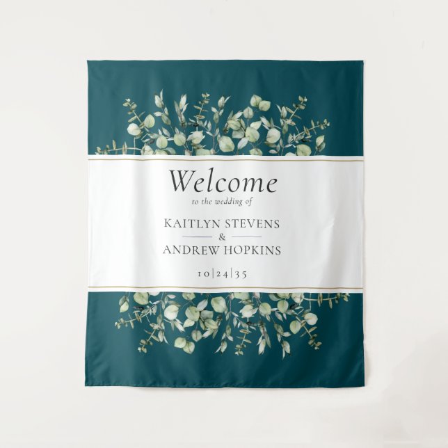 Tenture Bienvenue au Mariage Eucalyptus turquoise (Devant)