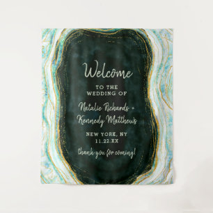 Tenture Bienvenue au mariage Teal Green & Gold Agate Marbl
