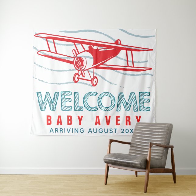 Tenture Bienvenue Bébé Fête Prénatale Thème Avion (En situation (horizontale))