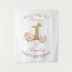 Tenture Bienvenue Couronne Rose Or Princesse 1er Anniversa
