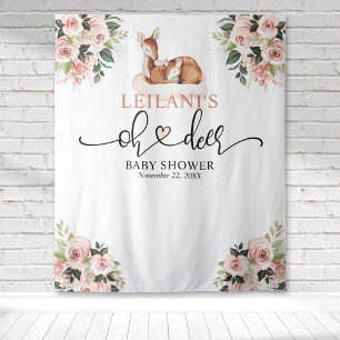 Tenture Bienvenue Fawn Baby Shower Fond Rose Floral