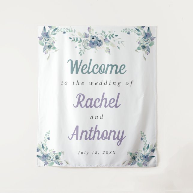 Tenture Bienvenue Mariage Fleurs Bleues Aquarelle Violette (Devant)