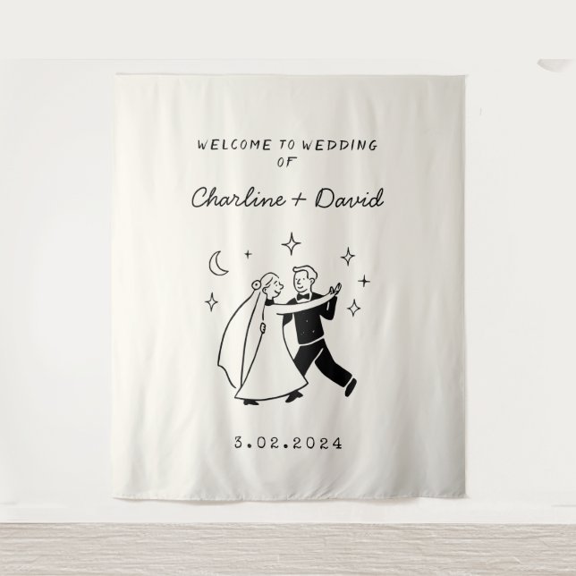 Tenture Bienvenue Mariage Gribouillage Dessiné à la Main (Devant)