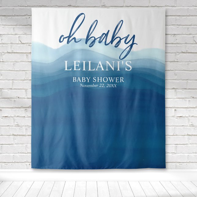 Tenture Bienvenue Oh Baby Shower Fond Ombré Bleu (Oh baby blue ombre watercolor tapestry perfect for a beach baby shower and is a perfect backdrop.)