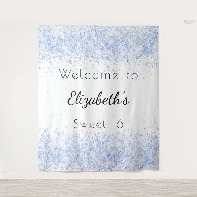 Tenture Bienvenue paillettes bleues bébé blanc pour un Swe (Devant)