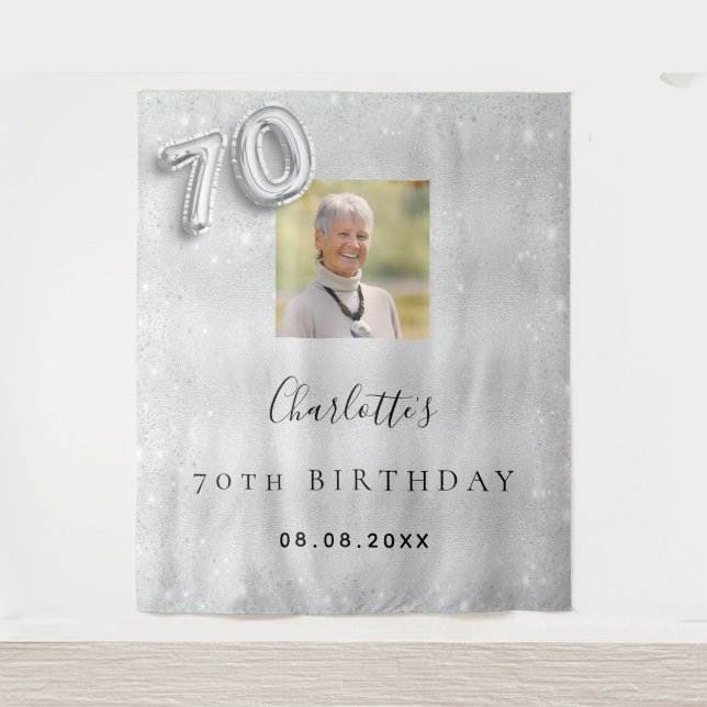 Tenture Bienvenue paillettes photo argent 70e anniversaire (Devant)