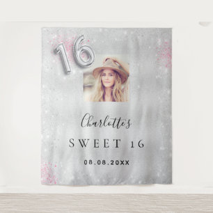 Tenture Bienvenue photo argent rose pailleté pour Sweet 16