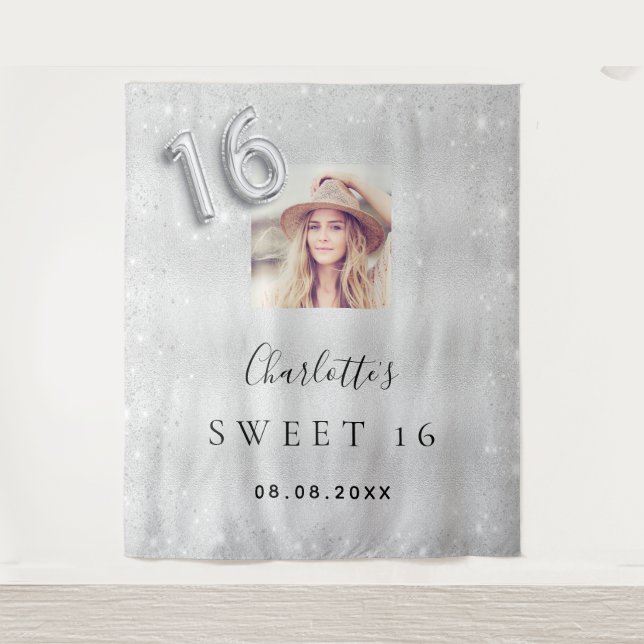 Tenture Bienvenue pour les 16 ans avec photo à paillettes  (Devant)