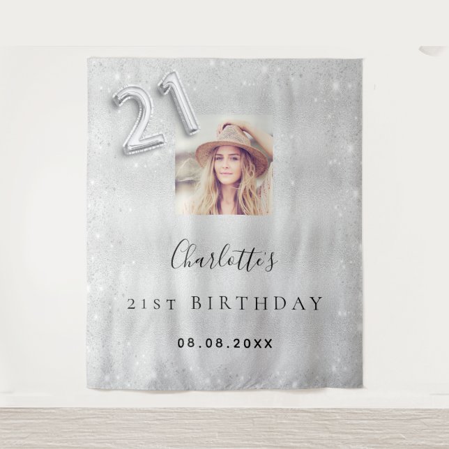 Tenture Bienvenue pour les 21 ans photo argent paillettes (Devant)