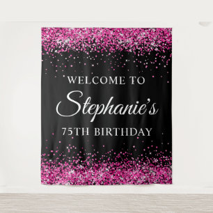 Tenture Bienvenue pour les 75 ans, paillettes rose vif sur