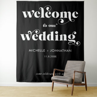 Tenture Bienvenue simple moderne pour mariage noir et blan