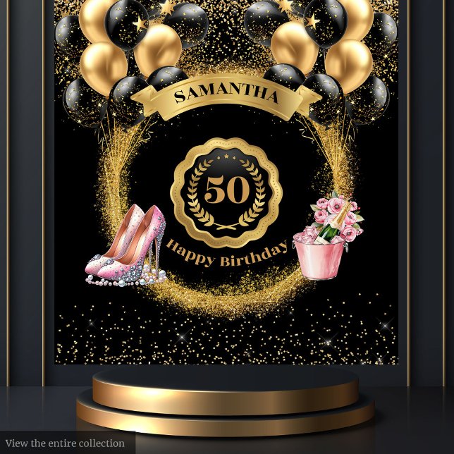 Tenture Black Balloons Gold Parties scintillant 50e Annive (Black Balloons Gold Glitter 50th Birthday Tapestry)