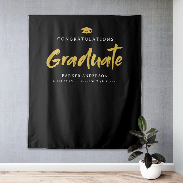 Tenture Black & Gold Moderne Brush Script Graduation Party (Black & Gold Modern Brush Script Graduation Party Tapestry)