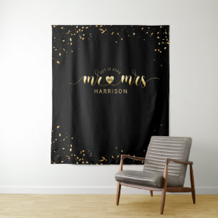 Tenture Black Gold Mr et Mrs Mariage Photo Booth Tapestry